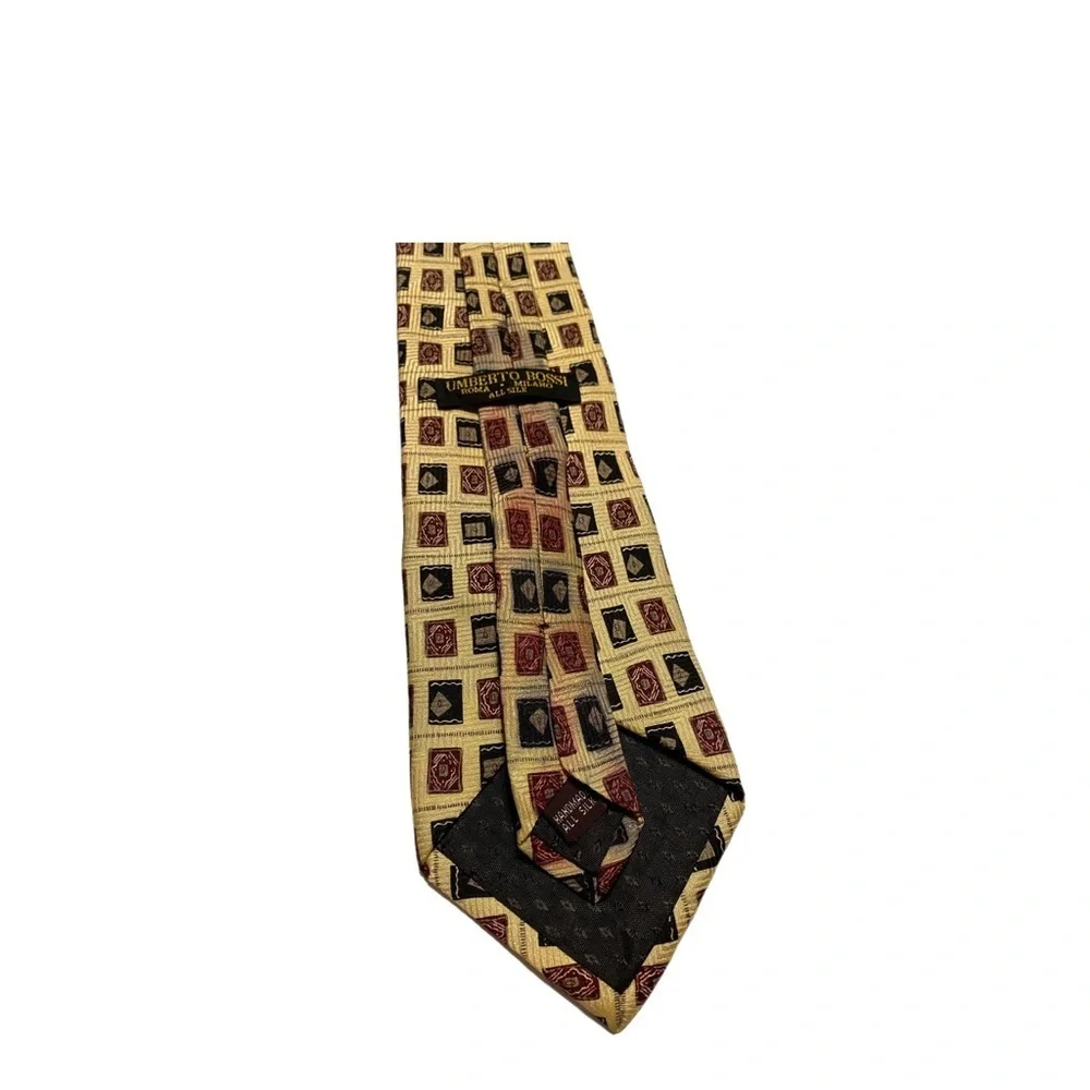 Umberto Bossi Tie Roma Milano Gold Black Red Geo Tip Bar Tac Hand Made 58 x 3.75